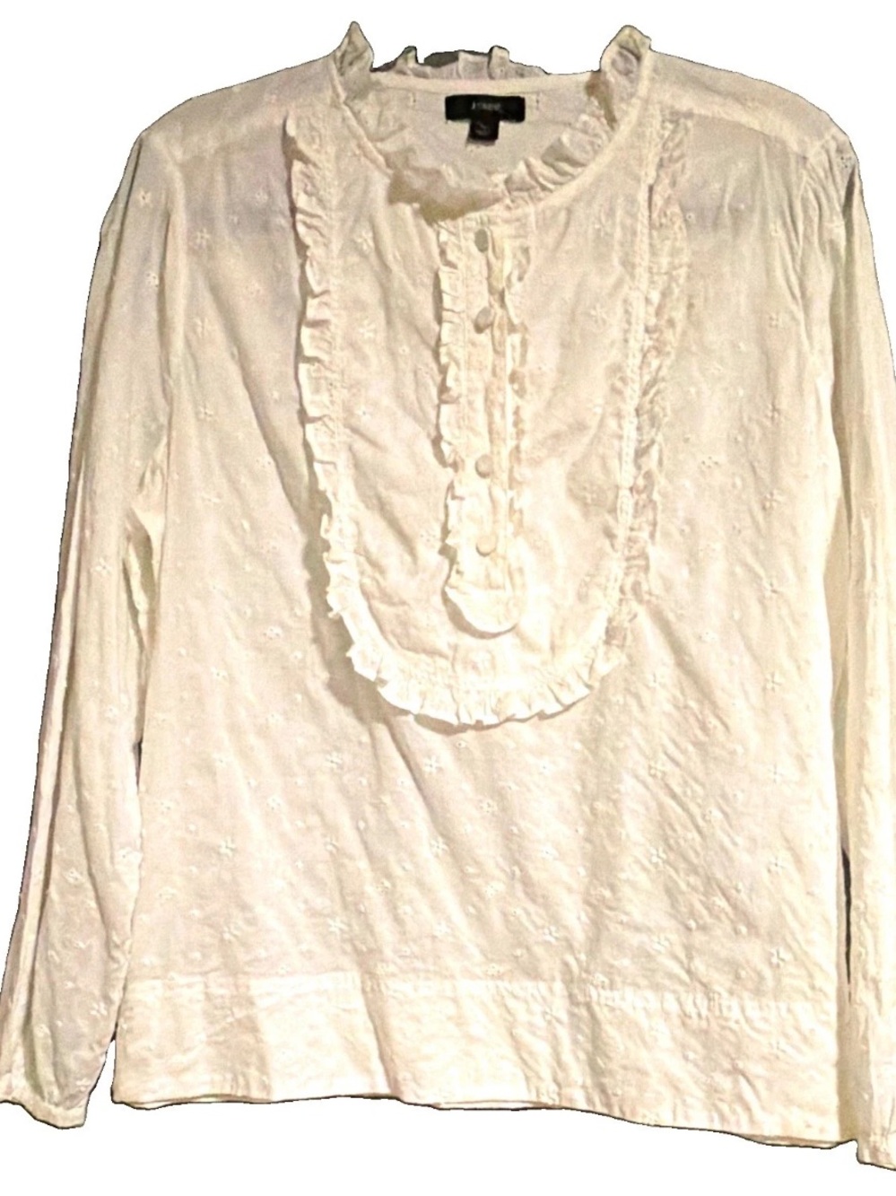 J. Crew White Eyelet Ruffled cotton Bib Front Long Sleeve Women's Top Large